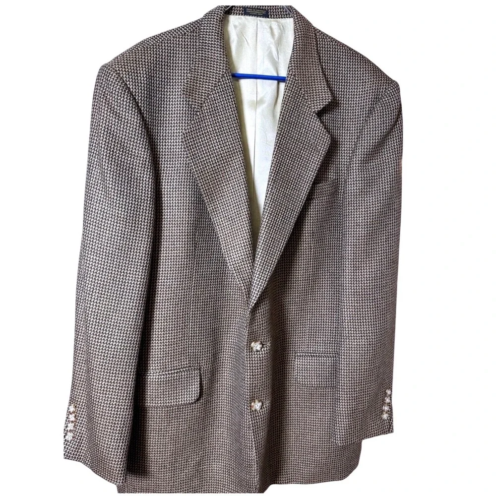 Vintage Oscar de la Renta 100%‎ Wool Sport Coat Blazer 46L Houndstooth Mens